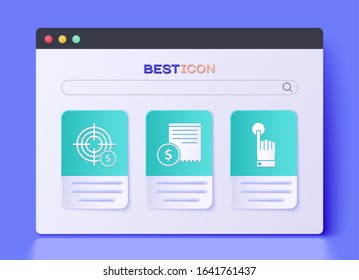 Set Paper check and financial check, Target with dollar symbol and Hand touch and tap gesture icon. Vector