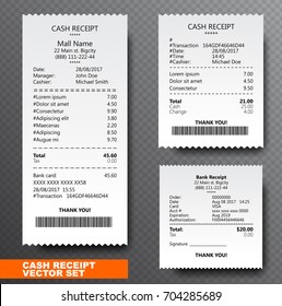 Set Paper check, reciept and financial-check isolated on transparent background. Printed receipt records sale of goods or provision of a service. Bill atm template with barcode. Vector illustration.