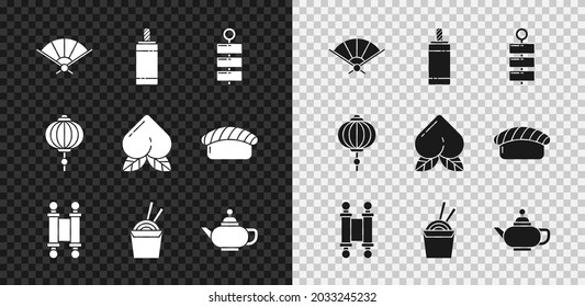 Set Paper chinese folding fan, Firework, Decree, paper, parchment, scroll, Asian noodles box and chopsticks, Chinese tea ceremony, lantern and Peach fruit icon. Vector
