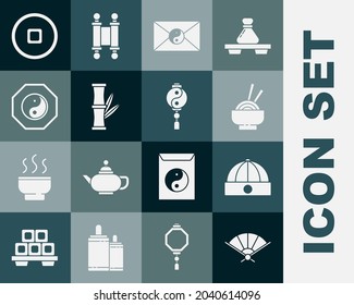 Set Paper chinese folding fan, Chinese hat, Asian noodles bowl, Yin Yang and envelope, Bamboo, Yuan currency and  icon. Vector