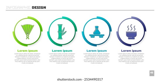 Set Paper chinese folding fan, Bamboo, Dumpling on cutting board and Chinese tea ceremony. Business infographic template. Vector
