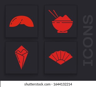 Set Paper chinese or japanese folding fan, Chinese fortune cookie, Rice in a bowl with chopstick and Temaki roll icon. Vector