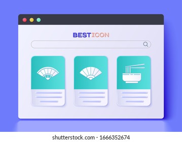 Set Paper chinese or japanese folding fan, Paper chinese or japanese folding fan and Asian noodles in bowl and chopsticks icon. Vector