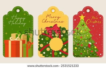 Set of paper christmas tags labels with flat style elements of gifts, wreath, and christmas tree. Vector illustration of christmas tags.