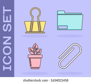 Set Paper clip, Binder clip, Flowers in pot and Document folder icon. Vector