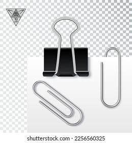 Set of paper clip with black binder on white background. Vector