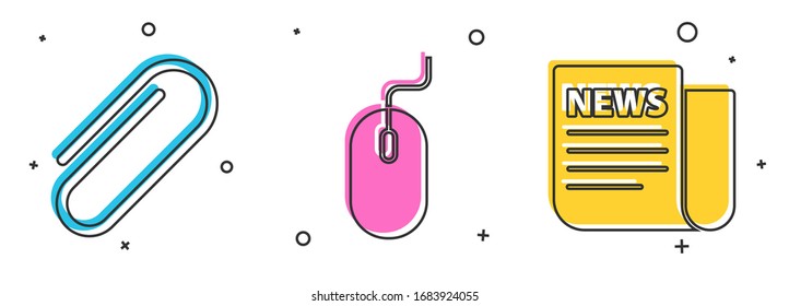 Set Paper clip, Computer mouse and News icon. Vector