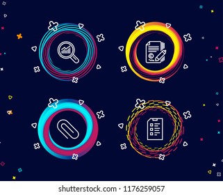 Set of Paper clip, Copywriting and Data analysis icons. Checklist sign. Attach paperclip, Ð¡opyright signature, Magnifying glass. Data list.  Circle banners with line icons. Gradient colors shapes