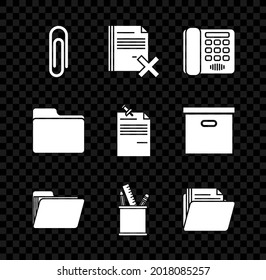 Set Paper clip, Delete file document, Telephone, Document folder, Pencil case stationery,  and Note paper with pinned pushbutton icon. Vector