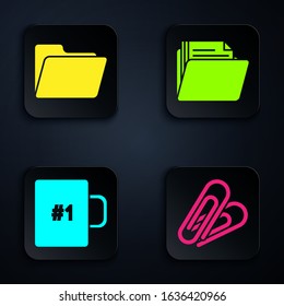 Set Paper clip, Document folder, Coffee cup and Document folder. Black square button. Vector