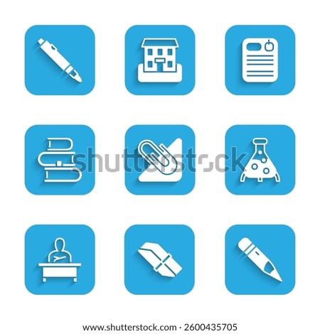 Set Paper clip, Eraser or rubber, Pencil with eraser, Test tube and flask, Schoolboy sitting at desk, Book, Dossier folder and Marker pen icon. Vector