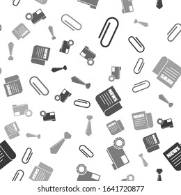 Set Paper clip, Folder settings with gears, News and Tie on seamless pattern. Vector
