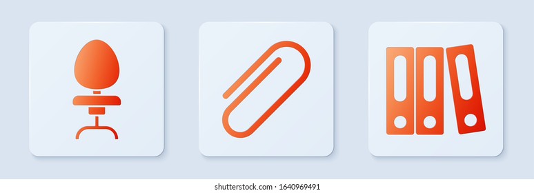 Set Paper clip, Office chair and Office folders with papers and documents. White square button. Vector