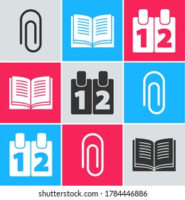 Set Paper clip, Open book and Calendar icon. Vector