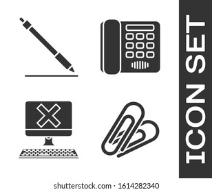 Set Paper clip, Pen line, Computer with keyboard and x mark and Telephone icon. Vector