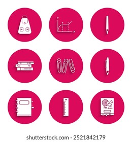 Set Paper clip, Ruler, Board with graph chart, Pen, Notebook, Office folders papers and documents,  and School backpack icon. Vector
