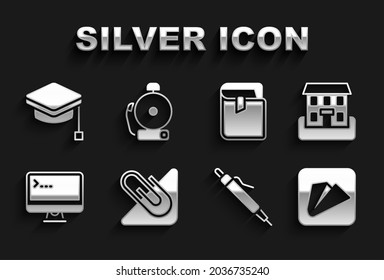 Set Paper clip, School building, airplane, Pen, Computer monitor, Book, Graduation cap and Ringing alarm bell icon. Vector