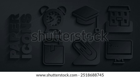 Set Paper clip, School building, Book, Computer monitor, Graduation cap and Alarm clock icon. Vector