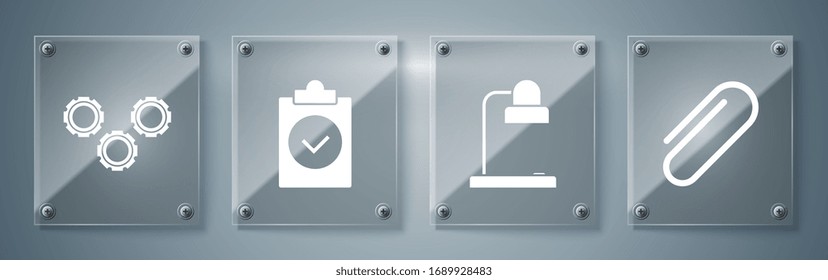 Set Paper clip, Table lamp, Completed task and Gear. Square glass panels. Vector