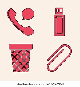 Set Paper clip, Telephone handset and speech bubble chat, USB flash drive and Trash can icon. Vector