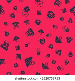 Set Paper clip, Translator, School building and backpack on seamless pattern. Vector