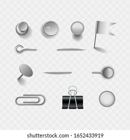 Set aus Papierklammern und Stiften einzeln auf transparentem Hintergrund. Vektorillustration von 3D-Objekten und Schulkollektionen
