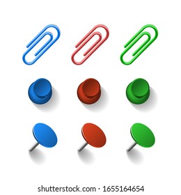 Set of paper clips binders and pins isolated on transparent background. 3d object offise and school collection vector illustration
