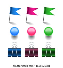Set of paper clips binders and pins isolated on transparent background. 3d object offise and school collection vector illustration