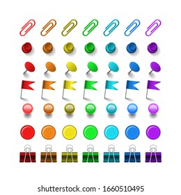 Set of paper clips binders and pins isolated on transparent background. 3d object offise and school collection vector illustration
