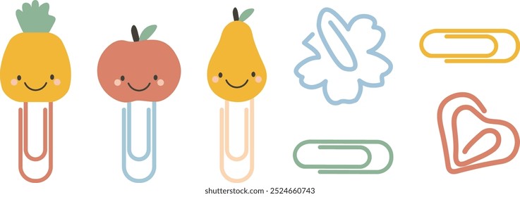 Set of paper clips in the form of fruits - apple, pineapple, pear. Geometrical flower- and heart-shaped paper clips of different colors. Flat style