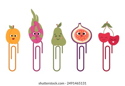 Set of paper clips with fruits characters. Cute funny safety pins for kids education
