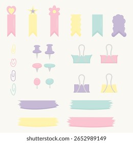 Um conjunto de clipes de papel, rótulo, marcador, botão, caixas para texto, cor pastel, para educação e trabalho, escola e escritório, ilustração vetorial