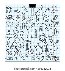 set of paper clips of various shapes. Back to school. Vector illustration a sheet pinned with doodle paper clips in the form of leaves, flowers and stars, rocket, cats, books, hedgehog