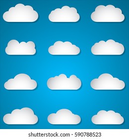 set of paper clouds on blue background vector illustration