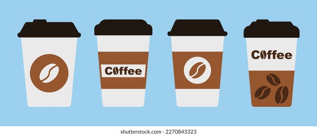 Conjunto de iconos vectoriales planos de taza de café de papel. Bebida caliente. Taza con tapa de plástico. Vector 10 Eps.