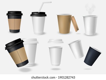 Set of paper coffee cup on white background. Collection 3d coffee cup mockup.