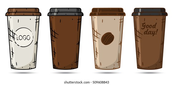 Set of paper coffee cup over white background. Cartoon coffee cup.
