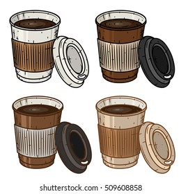 Set of paper coffee cup over white background. Cartoon coffee cup.