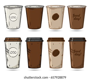 Set of paper coffee cup over white background. Cartoon coffee cup.