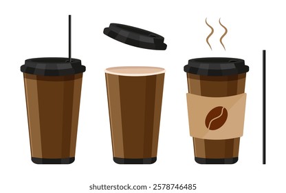 Set of paper coffee cups with lid on white background. Vector illustration of coffee cups with tube, open and closed lid