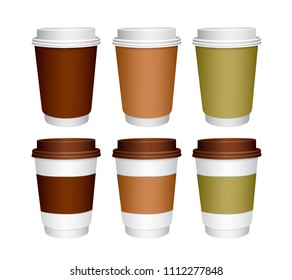  Set of paper Coffee Cups. Mockup template for your design. Illustration isolated on white background.