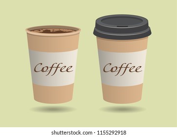 Set of paper Coffee Cups on vintage background. Collection 3d Coffee Cup Mockup. Vector Template