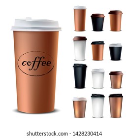Set of paper coffee cups on white background. Collection of 3D coffee Cup
