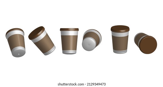 Set of paper Coffee Cups on white background. Collection 3d Coffee Cup Mockup in different angles.  Bottom, top and side view 
