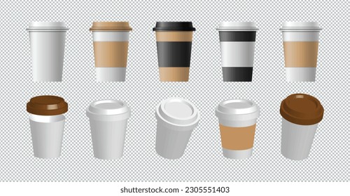 Set of paper Coffee Cups on transparent background. Collection 3d Coffee Cup Mockup.isolated Vector Template