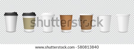 Set of paper Coffee Cups on transparent background. Collection 3d Coffee Cup Mockup. Vector Template 商業照片 © 