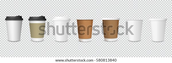 Set of paper Coffee\
Cups on transparent background. Collection 3d Coffee Cup Mockup.\
Vector Template