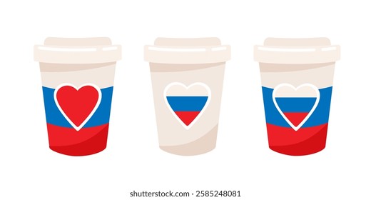 Set of paper coffee cups with Russian flag colours. Vector illustration.