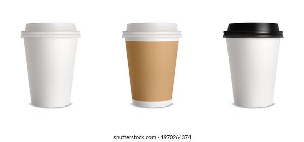 Set of paper Coffee Cups. Vector realistic 3d paper coffee. Design template for graphics, mockup. Front view. Mockup Vector illustration isolated on white background