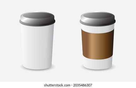 Set of paper coffee cups, white, brown. with black cap and cup holder. Isolated on white background. vector illustration EPS10